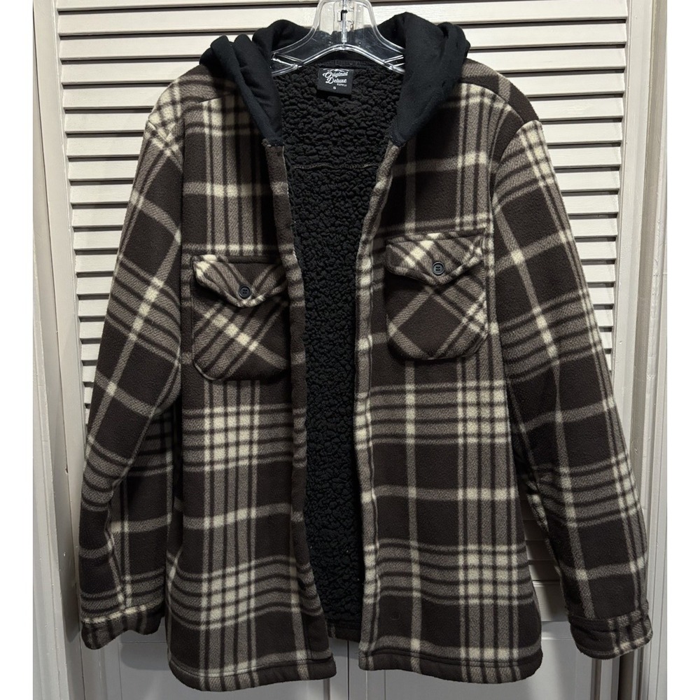 Original Deluxe Plaid Fleece Jacket Brown Button Sz Sm Sherpa Lined Warm Pockets